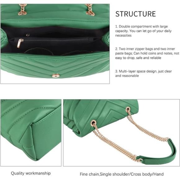 Green Sleek Adjustable Chain Strap Quilted Crossbody Purse - Picture 4 of 6